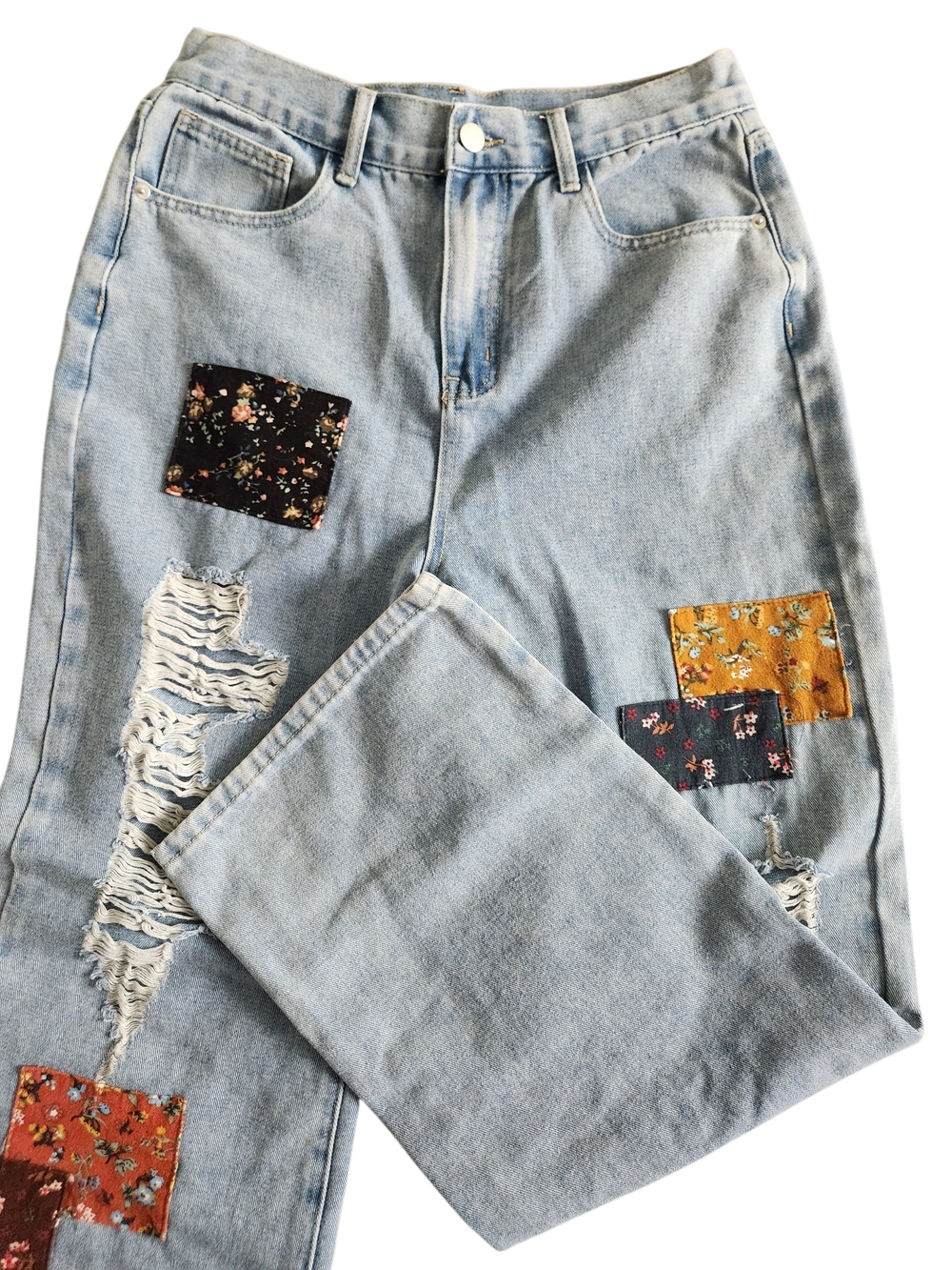 CIDER Cute Patchy Denim Jeans Women's L Blue Distressed Wide Leg Streetwear Y2K